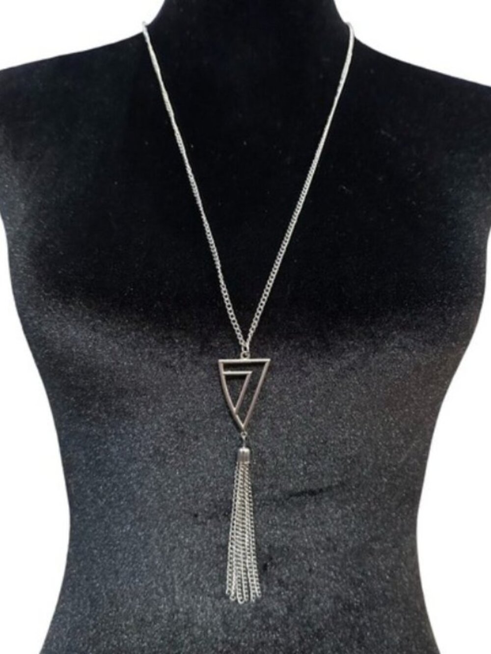 Silver Geometric Pendant Necklace With Tassel Detail 28 Inch Length Womens